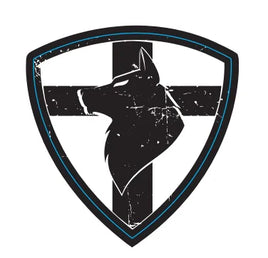 a picture of a shield shaped patch with a black cross and a black wolf head over a white background