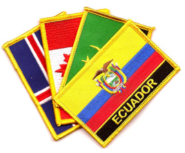 a picture of four rectangle world flag patches with the name of the country listed on the bottom of the patch